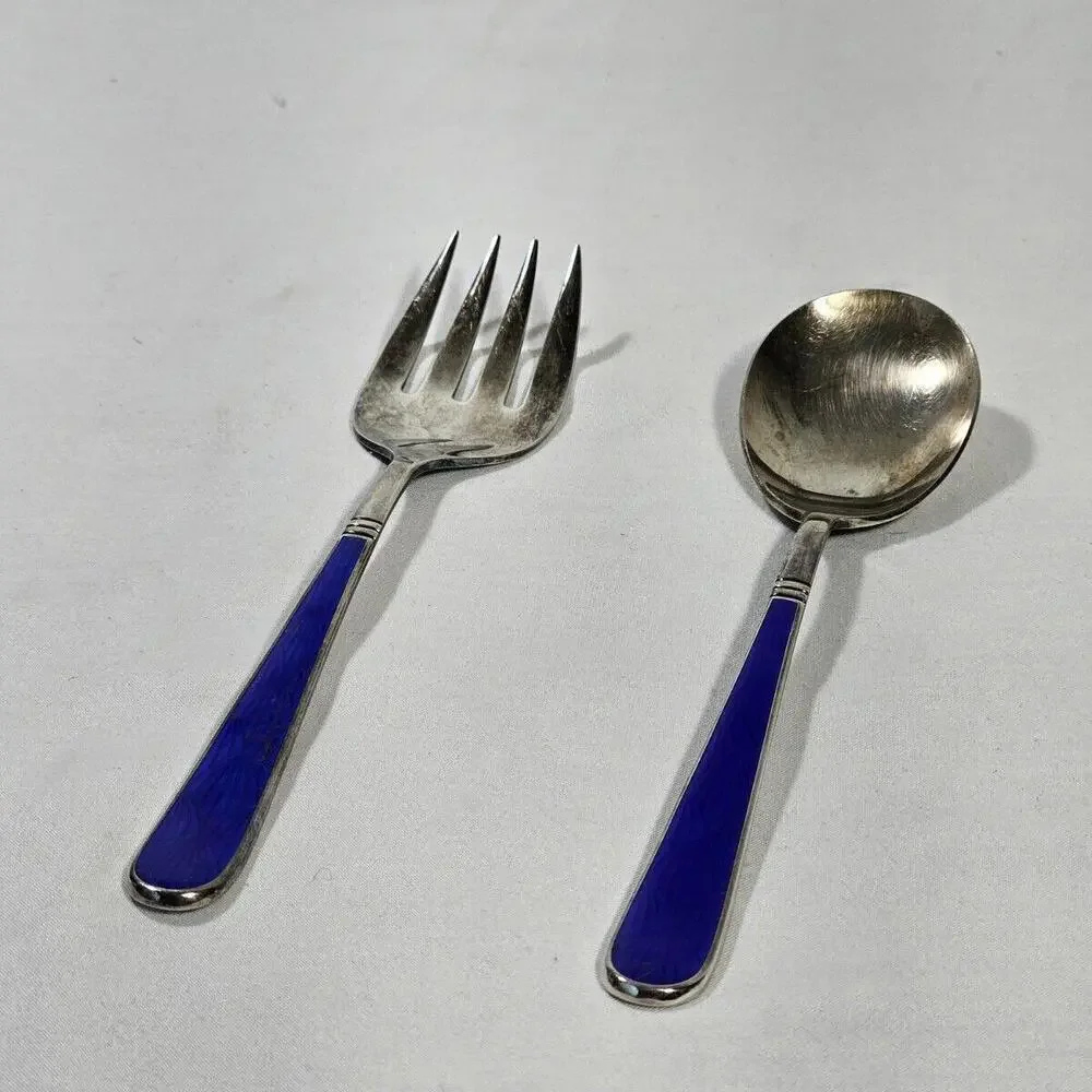 D&C Japan E.P. Flatware Serving Set Spoon Fork Cobalt Blue W/ Scalloped Design - Picture 2 of 8